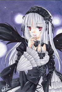 Rating: Safe Score: 0 Tags: 1girl black_wings cross-laced_clothes detached_collar dress flower frills hairband image juliet_sleeves long_hair long_sleeves looking_at_viewer marker_(medium) pink_eyes red_eyes rose signature silver_hair solo suigintou traditional_media wings User: admin