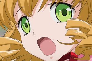 Rating: Safe Score: 0 Tags: 1girl :d bangs blonde_hair close-up drill_hair eyebrows_visible_through_hair face fang green_eyes hinaichigo image looking_at_viewer open_mouth simple_background smile solo User: admin