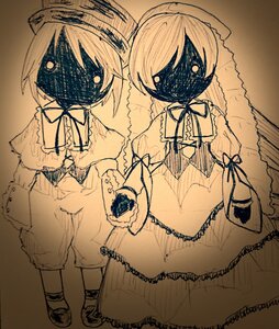 Rating: Safe Score: 0 Tags: apron frills image monochrome neck_ribbon pair ribbon short_hair souseiseki suiseiseki traditional_media User: admin