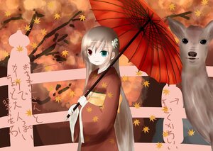 Rating: Safe Score: 0 Tags: 1girl autumn autumn_leaves falling_leaves hair_ornament heterochromia holding_leaf holding_umbrella image japanese_clothes kimono leaf leaf_hair_ornament leaf_on_head leaf_print long_hair looking_at_viewer maple_leaf parasol red_eyes smile solo suiseiseki tree umbrella User: admin