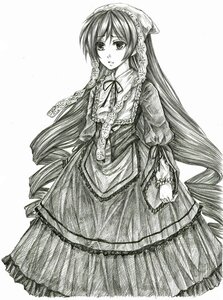 Rating: Safe Score: 0 Tags: 1girl dress drill_hair frills greyscale image lolita_fashion long_hair long_sleeves looking_at_viewer monochrome ribbon solo suiseiseki traditional_media twin_drills very_long_hair User: admin