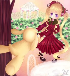 Rating: Safe Score: 0 Tags: 1girl blonde_hair bonnet bow bowtie curtains dress flower image long_hair long_sleeves purple_eyes red_dress rose shinku shoes signature smile solo stuffed_animal twintails very_long_hair User: admin