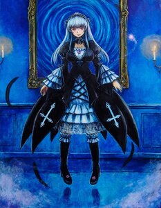 Rating: Safe Score: 0 Tags: 1girl blue_hair blush boots breasts commentary_request dress feathers frills gothic_lolita hairband highres image knee_boots lolita_fashion long_hair long_sleeves purple_eyes red_eyes rozen_maiden silver_hair solo suigintou tafuto traditional_media User: admin