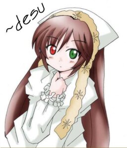 Rating: Safe Score: 0 Tags: 1girl blush brown_hair dress frills green_eyes heterochromia image long_hair long_sleeves looking_at_viewer red_eyes simple_background solo suiseiseki twintails upper_body very_long_hair white_background User: admin