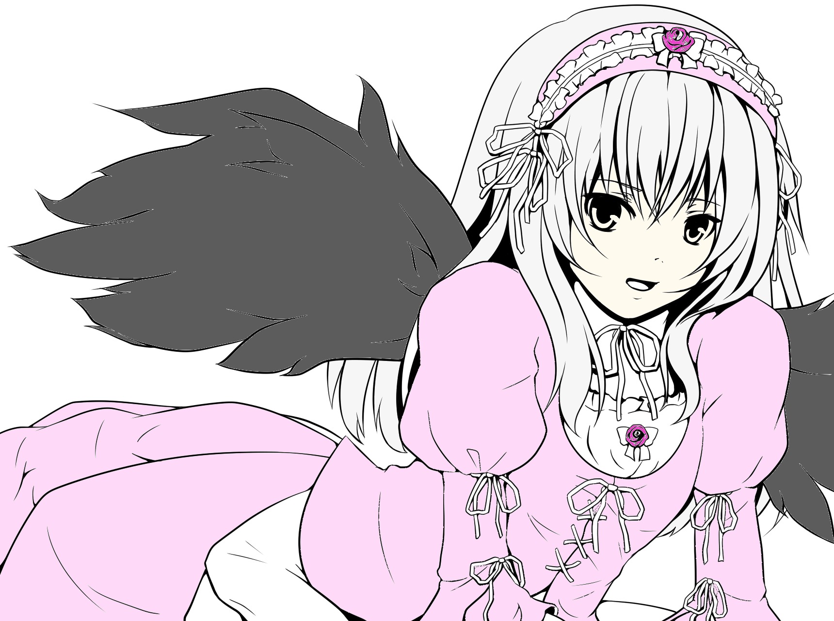 1girl black_wings dress feathered_wings frills hairband image juliet_sleeves lolita_hairband long_hair long_sleeves looking_at_viewer monochrome open_mouth puffy_sleeves ribbon rose simple_background solo striped suigintou white_background wings