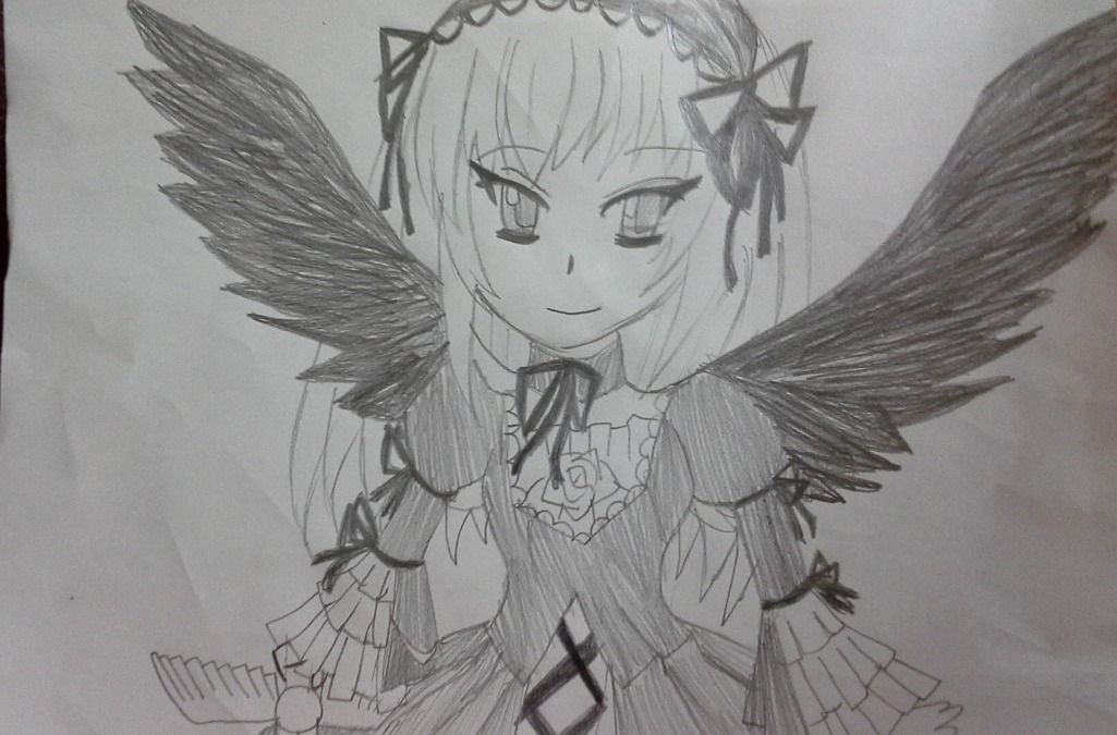 1girl black_wings dress feathered_wings feathers frills greyscale hairband image long_hair long_sleeves looking_at_viewer monochrome ribbon simple_background smile solo suigintou traditional_media upper_body very_long_hair wings