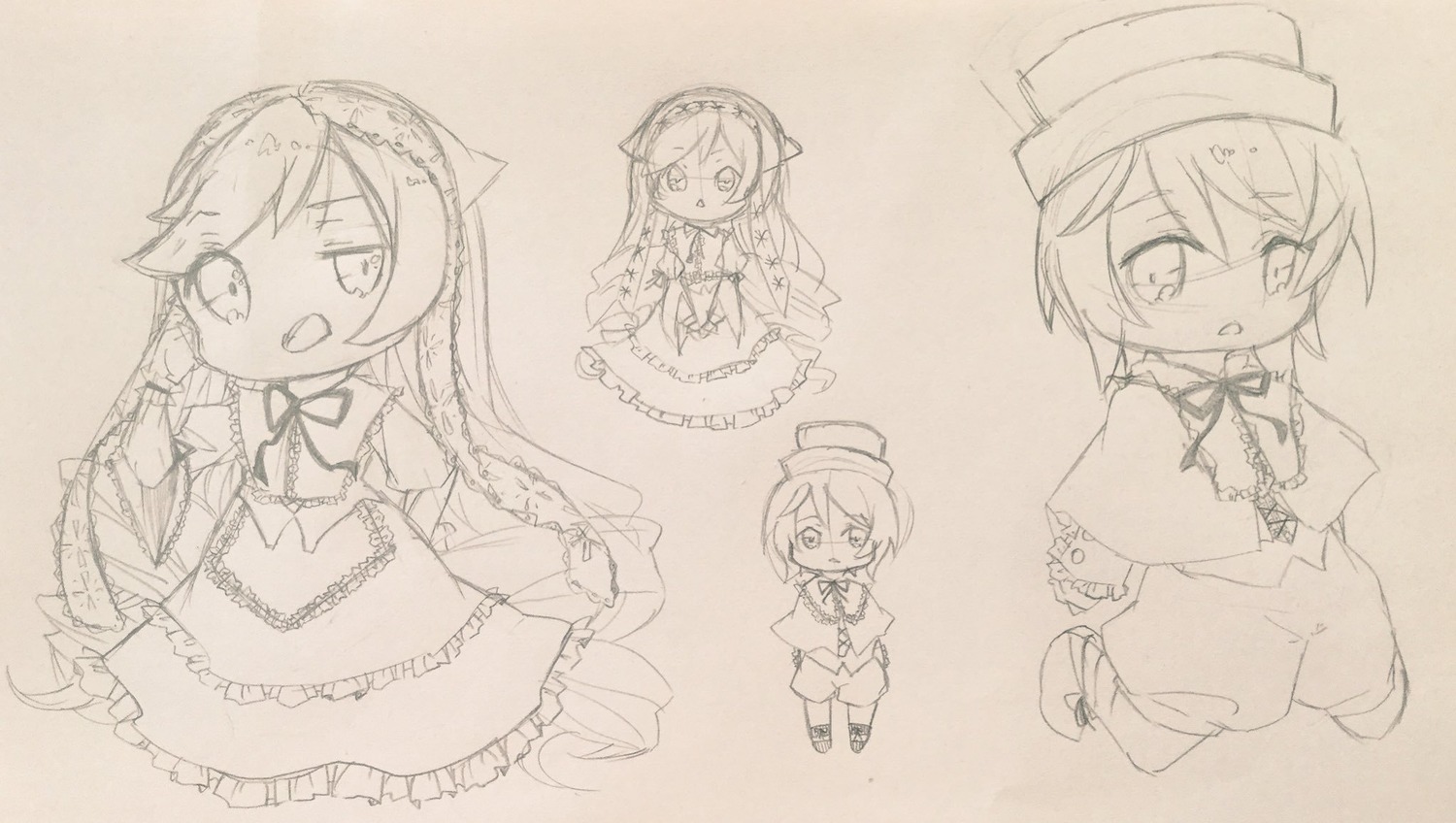 1girl :d blush chibi closed_mouth dress eyebrows_visible_through_hair hair_between_eyes hat image long_hair long_sleeves looking_at_viewer monochrome multiple_views open_mouth pair smile souseiseki suiseiseki traditional_media very_long_hair