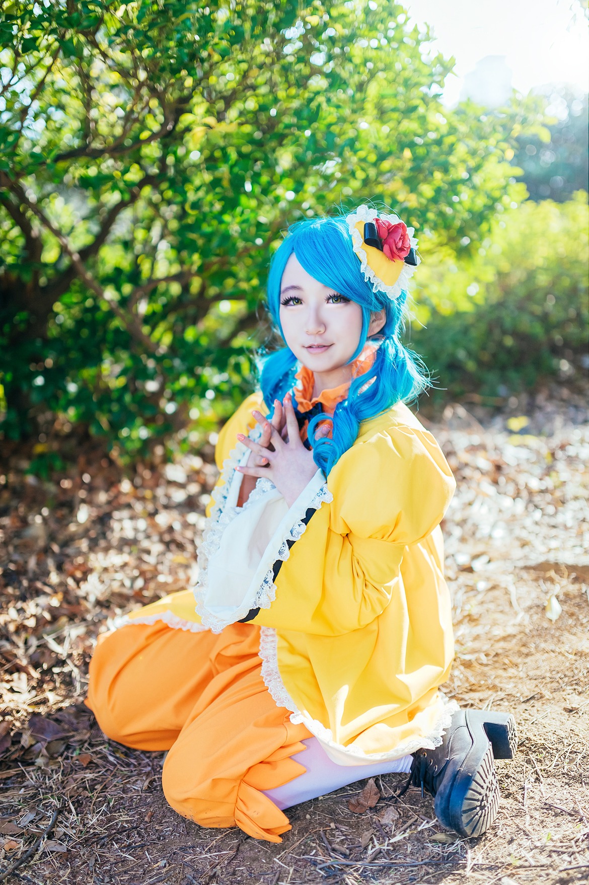 1girl blue_hair dress flower frills hat kanaria kneeling solo yellow_dress