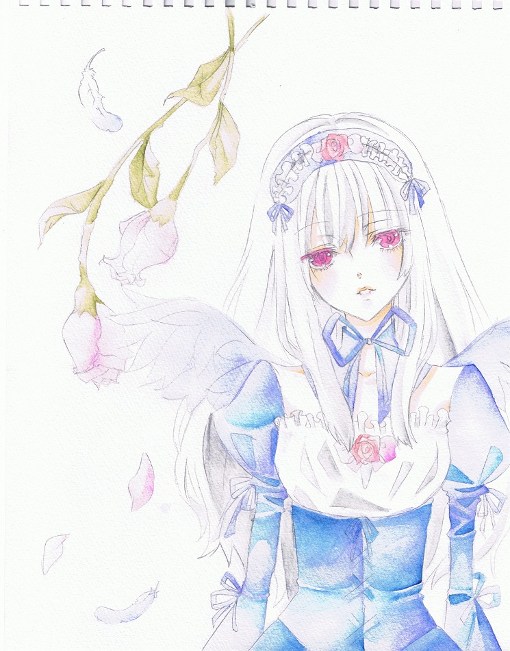 1girl auto_tagged bangs blush eyebrows_visible_through_hair feathers flower hairband image long_hair long_sleeves looking_at_viewer parted_lips ribbon rose solo suigintou traditional_media wings