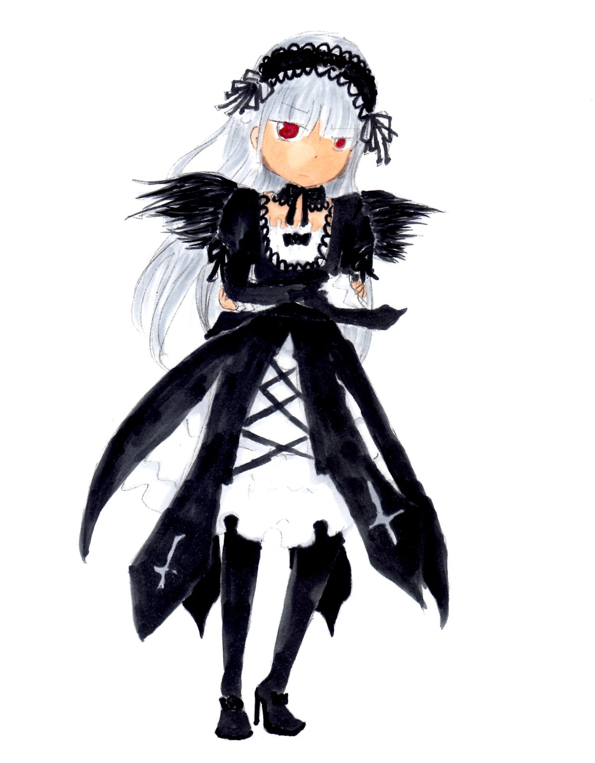 1girl black_dress black_wings detached_collar dress frills full_body hairband image long_hair long_sleeves looking_at_viewer red_eyes ribbon rose simple_background solo standing suigintou white_background wings