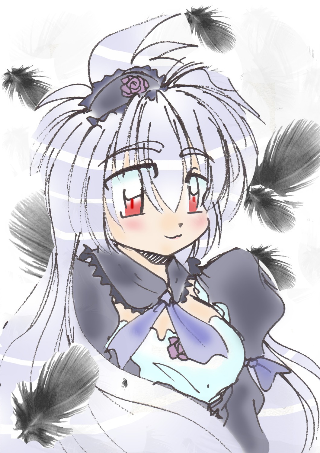 1girl black_feathers black_wings blush dress feathers flower image long_hair looking_at_viewer red_eyes rose silver_hair smile solo suigintou wings