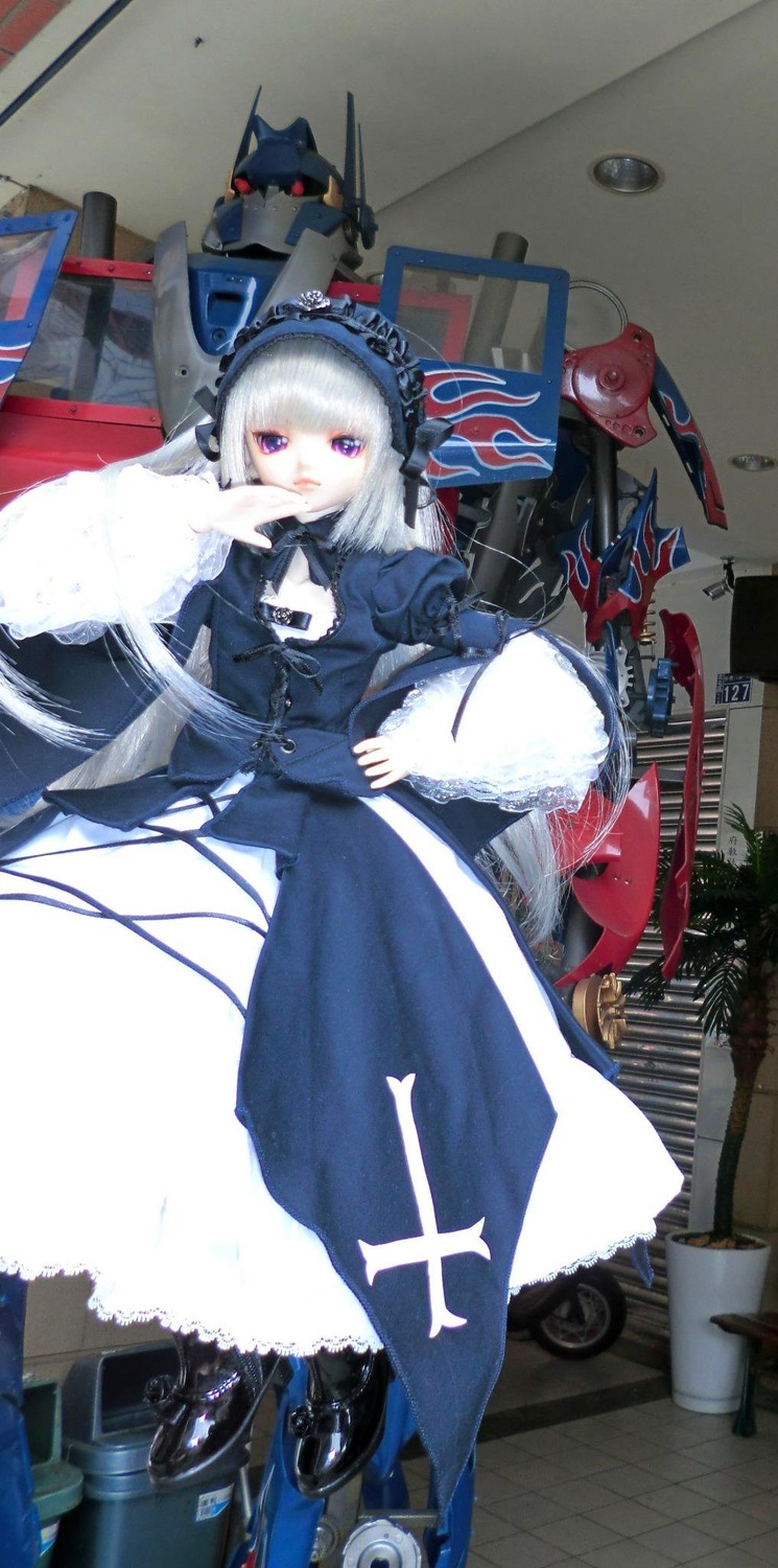 1girl doll dress frills gothic_lolita lolita_fashion long_hair purple_eyes rose silver_hair solo suigintou wings