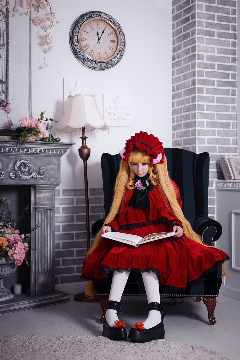 1girl blonde_hair bow dress flower long_hair pantyhose red_dress shinku shoes sitting solo very_long_hair