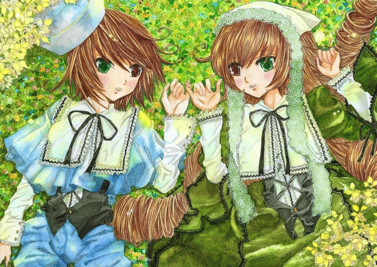 2girls black_ribbon blush brown_hair dress flower frills green_dress green_eyes hat heterochromia holding_hands image long_hair long_sleeves looking_at_viewer lying multiple_girls on_back pair red_eyes ribbon short_hair siblings sisters souseiseki suiseiseki traditional_media twins watercolor_(medium)