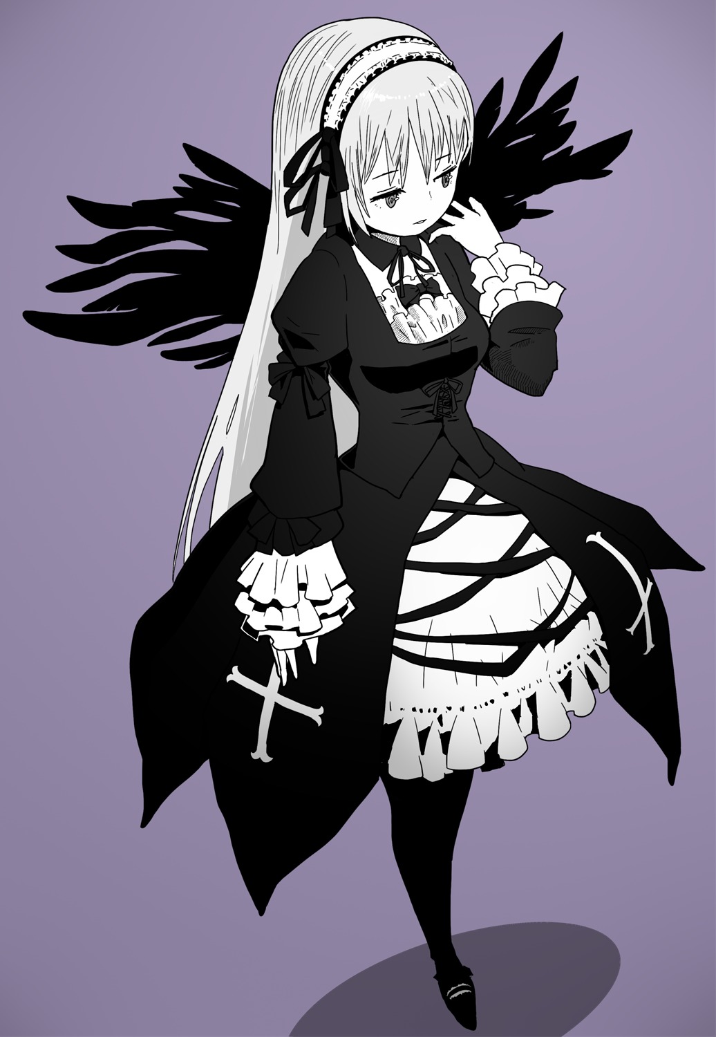 1girl dress feathered_wings frills full_body greyscale hairband image juliet_sleeves long_hair long_sleeves monochrome pantyhose purple_background ribbon solo standing suigintou very_long_hair wings