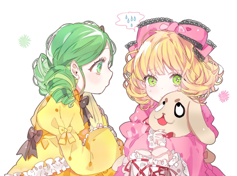 2girls :3 bad_id bad_pixiv_id bangs black_bow blonde_hair bow crying doll_joints dress drill_hair frills green_eyes green_hair hair_bow hair_ornament hina_ichigo hinaichigo holding holding_stuffed_toy image joints kanaria lace lace-trimmed_ribbon lace_trim long_hair long_sleeves looking_at_another multiple_girls pair pink_bow piyo_(ppotatto) ribbon rozen_maiden short_hair sitting speech_bubble striped stuffed_animal stuffed_bunny tears teddy_bear white_background white_legwear yellow_dress
