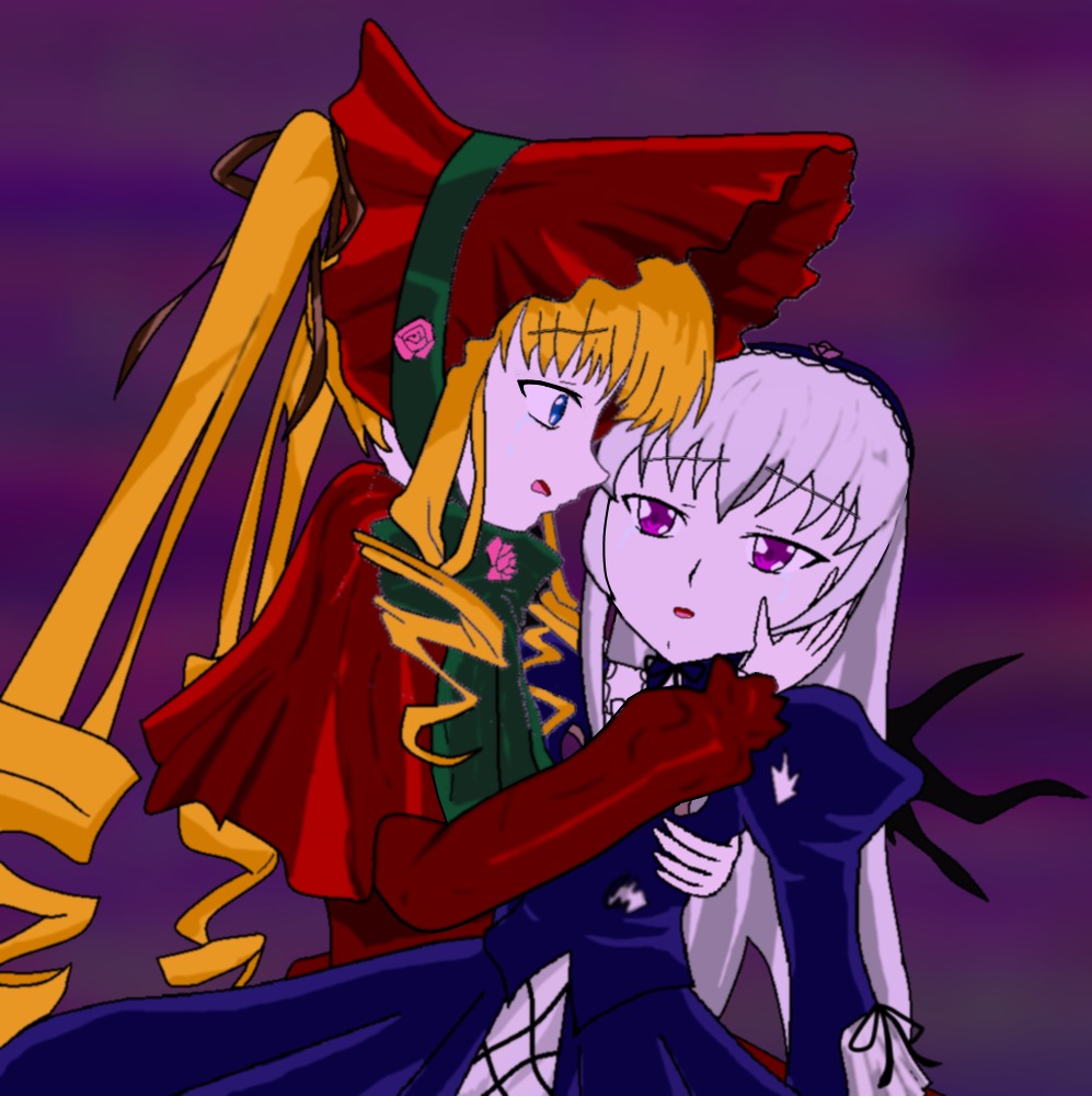 2girls blonde_hair blue_eyes dress flower hand_on_another's_face image long_hair long_sleeves multiple_girls pair purple_background rose shinku suigintou yuri