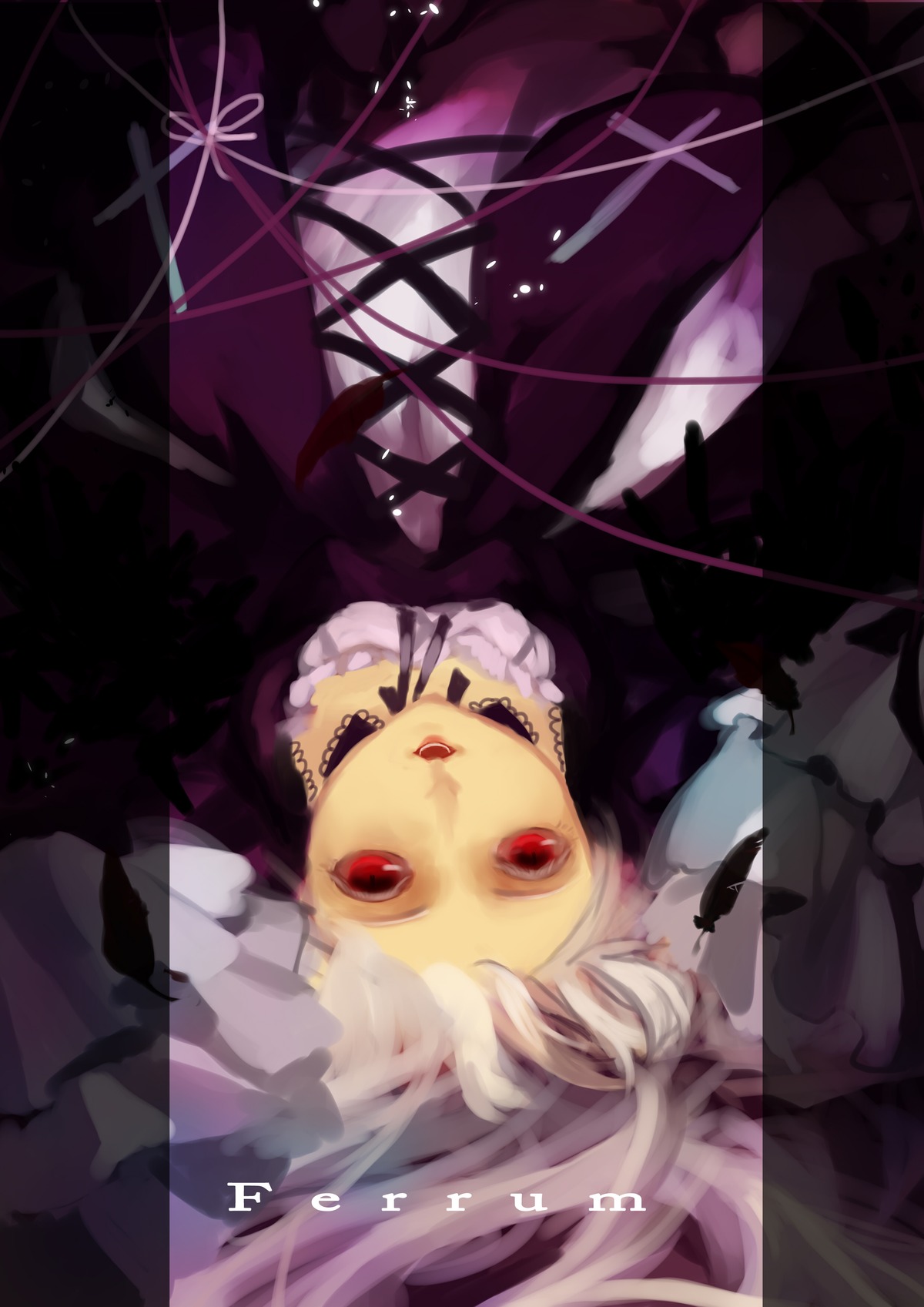 1girl dress frills image long_hair looking_at_viewer lying on_back open_mouth red_eyes ribbon signature solo suigintou white_hair