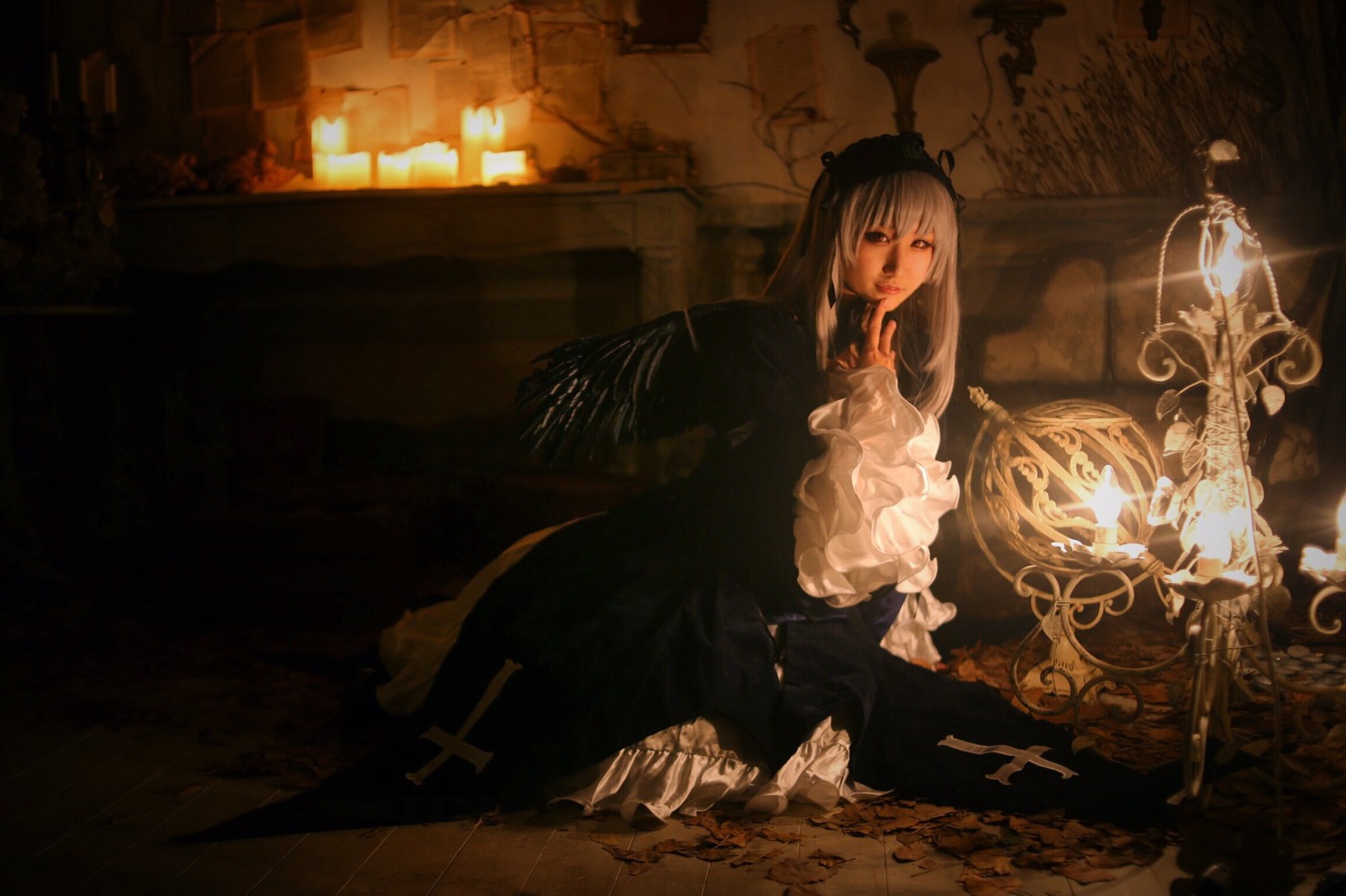1girl candle candlestand cross dark dress flower indoors long_hair long_sleeves solo suigintou wide_sleeves