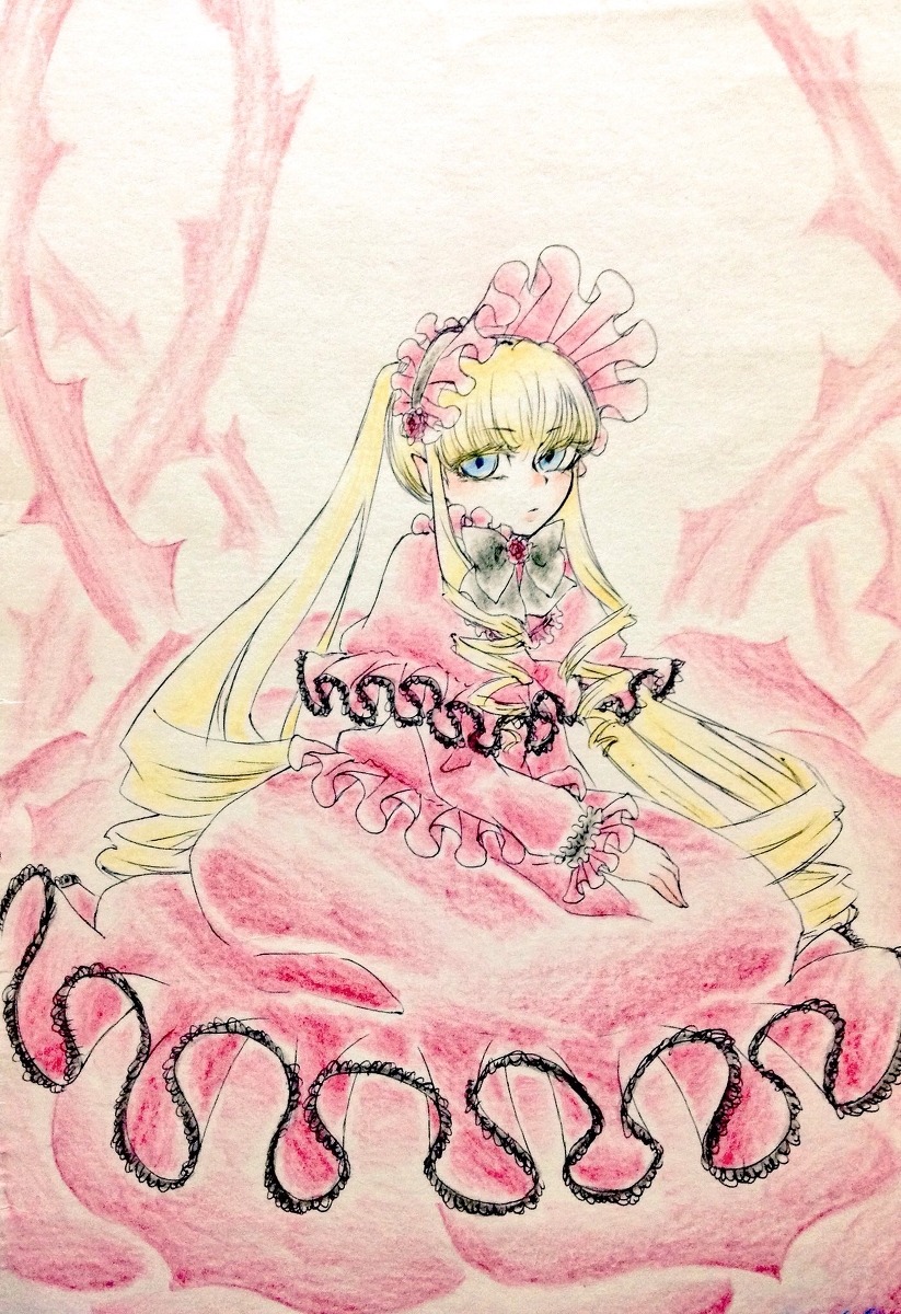 1girl blonde_hair blue_eyes bonnet bow dress drill_hair frills image long_hair long_sleeves looking_at_viewer pink_dress red_dress shinku solo traditional_media twin_drills twintails very_long_hair