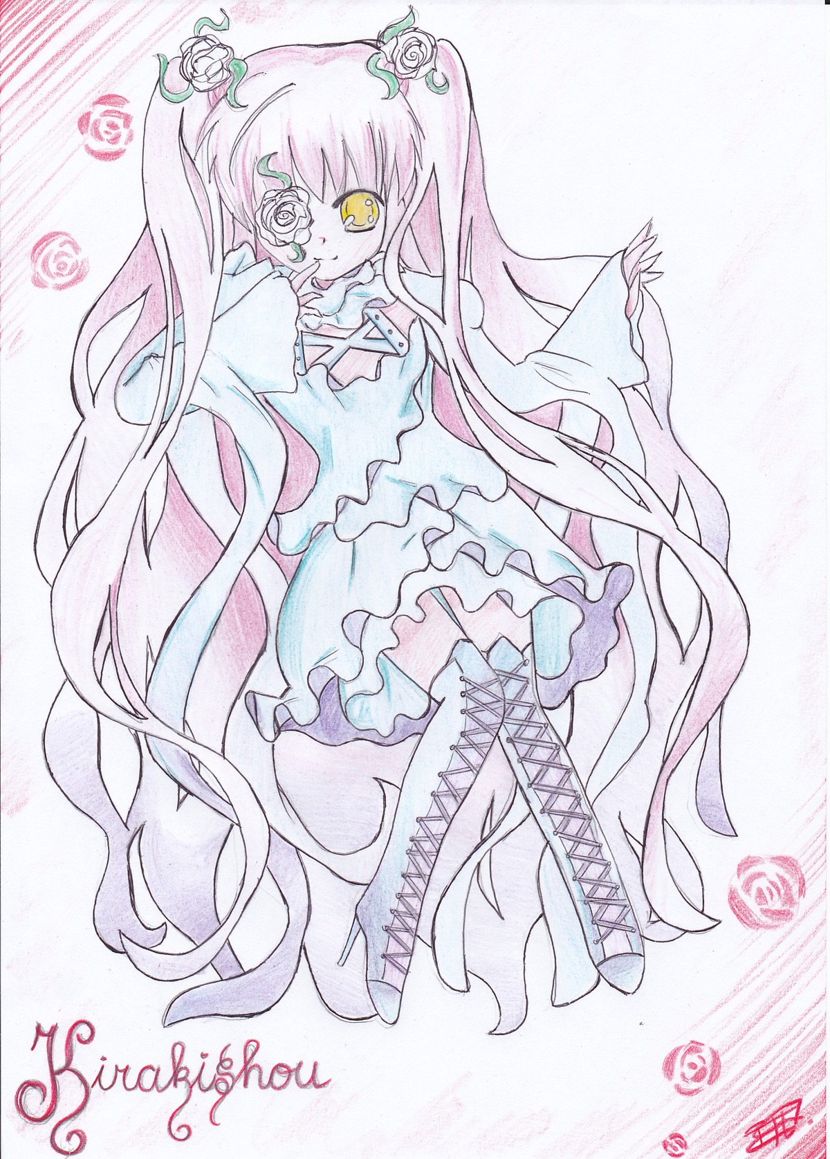 1girl boots cross-laced_footwear dress flower frills hair_flower hair_ornament image kirakishou knee_boots long_hair long_sleeves pink_hair rose solo traditional_media very_long_hair white_rose yellow_eyes