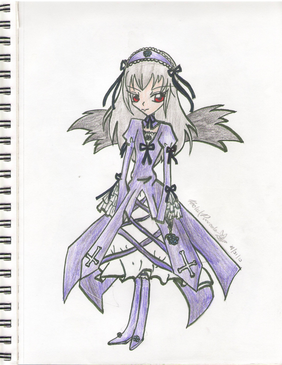 1girl auto_tagged black_wings boots dress frills full_body hairband image long_hair long_sleeves looking_at_viewer puffy_sleeves red_eyes rose simple_background solo standing suigintou traditional_media white_background wings