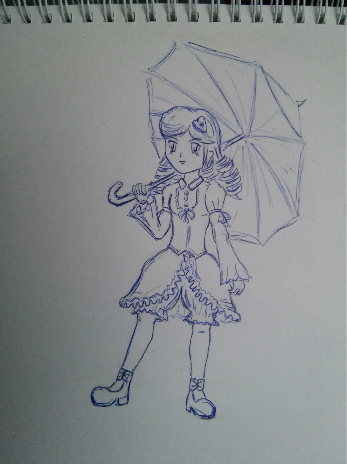 1girl detached_sleeves frog frog_hair_ornament full_body geta hair_ornament holding_umbrella image kanaria karakasa_obake kochiya_sanae long_sleeves monochrome parasol photo rain skirt solo standing tatara_kogasa traditional_media umbrella