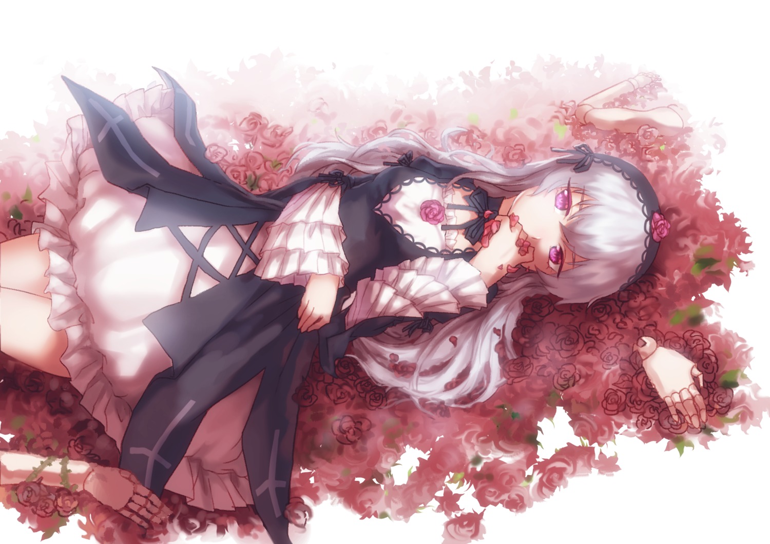 1girl dress flower frills gothic_lolita hairband image lolita_fashion long_hair long_sleeves looking_at_viewer lying pink_eyes red_flower red_rose rose silver_hair solo suigintou wide_sleeves