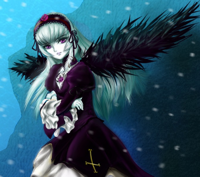 1girl black_wings detached_collar dress frilled_sleeves frills hairband image long_hair long_sleeves looking_at_viewer pale_skin pink_eyes puffy_sleeves silver_hair snow snowing solo suigintou wings