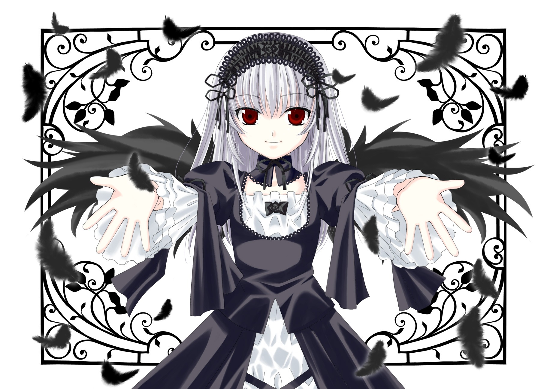 1girl bangs black_dress black_ribbon detached_collar dress feathers flower frills hairband image lolita_hairband long_hair long_sleeves looking_at_viewer red_eyes ribbon rose silver_hair smile solo suigintou white_background wings