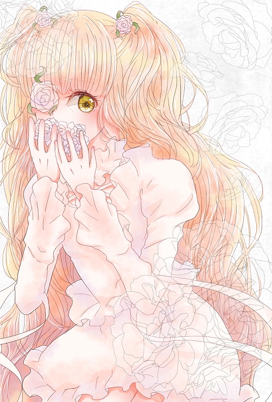 1girl bangs blonde_hair covered_mouth covering_mouth dress flower frilled_dress frills hair_flower hair_ornament image kirakishou long_hair long_sleeves looking_at_viewer pink_flower pink_hair pink_rose rose solo thorns very_long_hair white_flower white_rose yellow_eyes