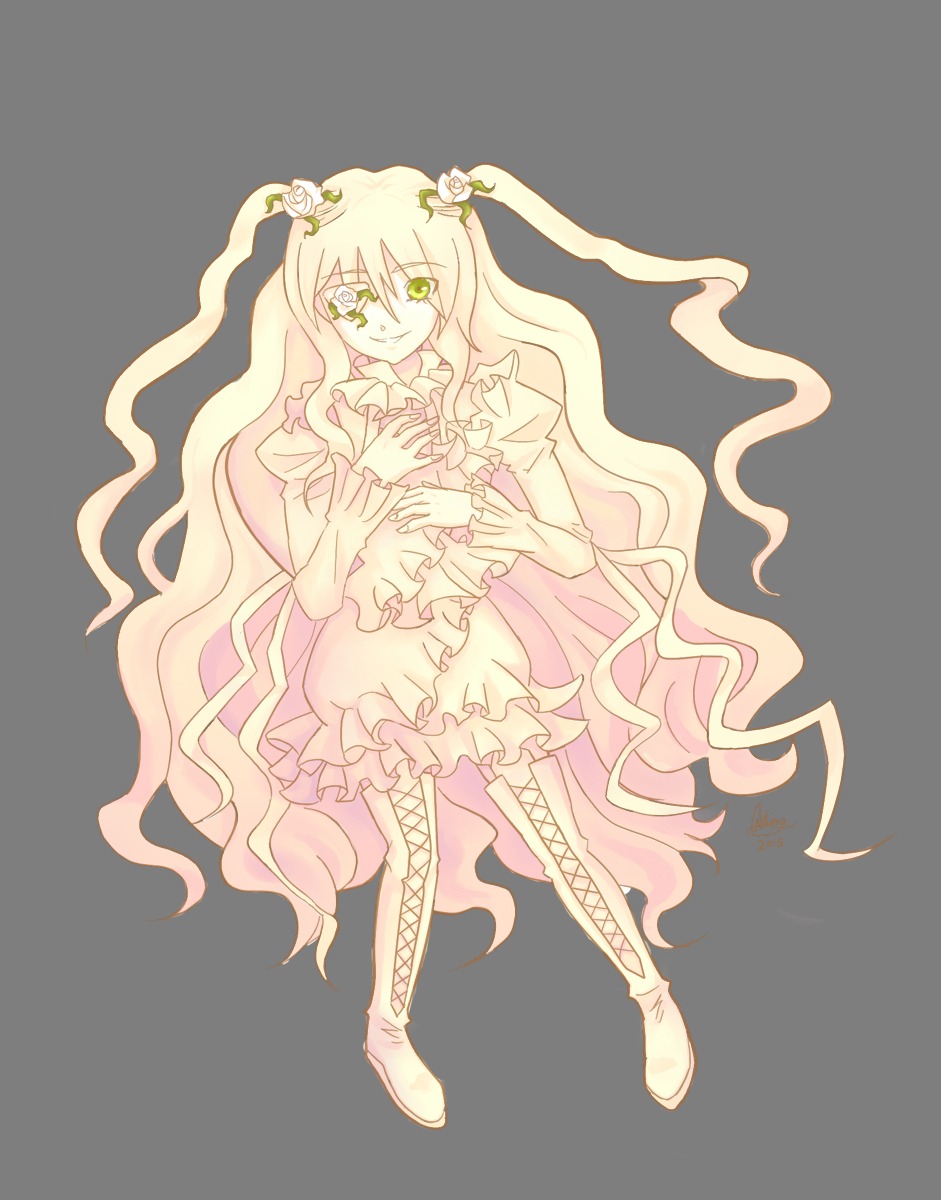 1girl boots bow cross-laced_footwear dress flower frills gradient_hair hair_ornament image kirakishou knee_boots long_hair multicolored_hair pink_hair smile solo thigh_boots very_long_hair wavy_hair