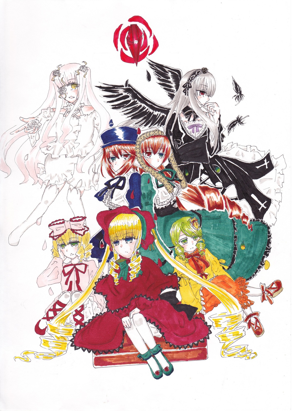 6+girls blonde_hair blue_eyes bonnet bow brown_hair bug butterfly dress drill_hair eyepatch flower frills green_eyes hairband hat heterochromia hina_ichigo image insect kanaria long_hair long_sleeves looking_at_viewer multiple multiple_girls pink_bow red_eyes shinku short_hair siblings silver_hair smile souseiseki suigintou suiseiseki tagme twins very_long_hair yellow_eyes