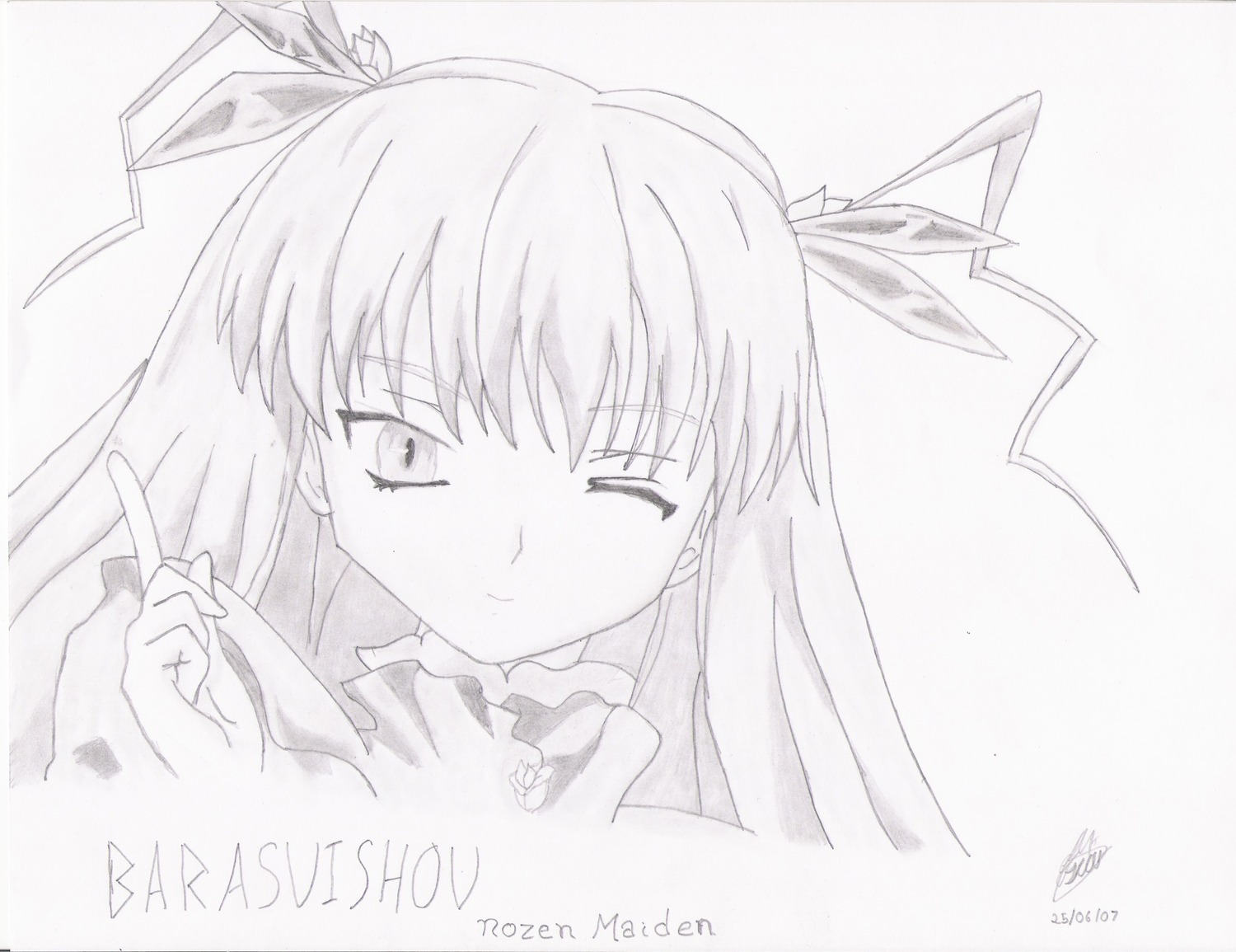 1girl barasuishou closed_eyes dated greyscale hair_ribbon image index_finger_raised long_hair monochrome ribbon solo striped tears two_side_up vertical_stripes