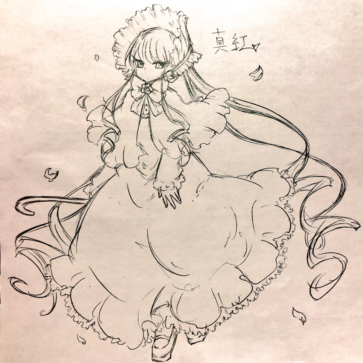 1girl bonnet dress frills image long_hair long_sleeves looking_at_viewer monochrome shinku solo very_long_hair