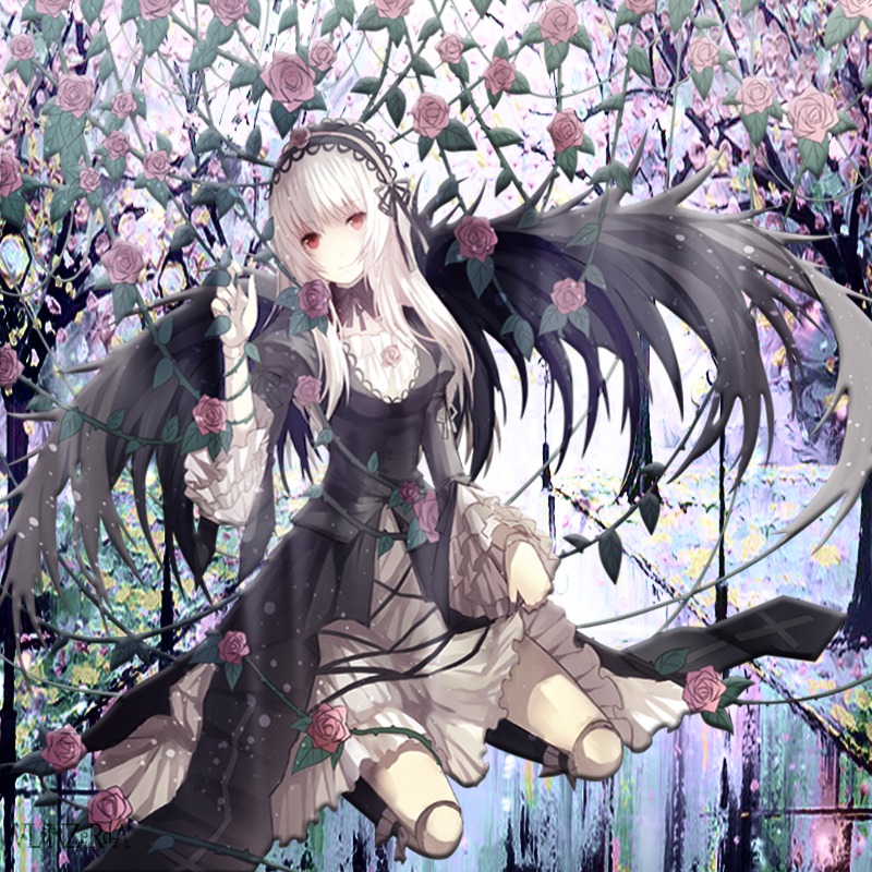 1girl dress flower gothic_lolita hairband image lolita_fashion long_hair looking_at_viewer lying pink_flower pink_rose plant purple_flower purple_rose red_eyes rose solo suigintou thorns vines white_rose wings