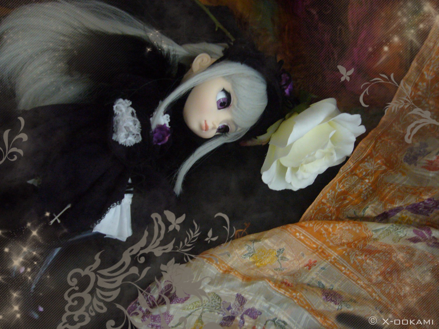 1girl black_dress bug butterfly doll dress expressionless flower insect long_hair long_sleeves purple_eyes solo suigintou veil very_long_hair white_hair