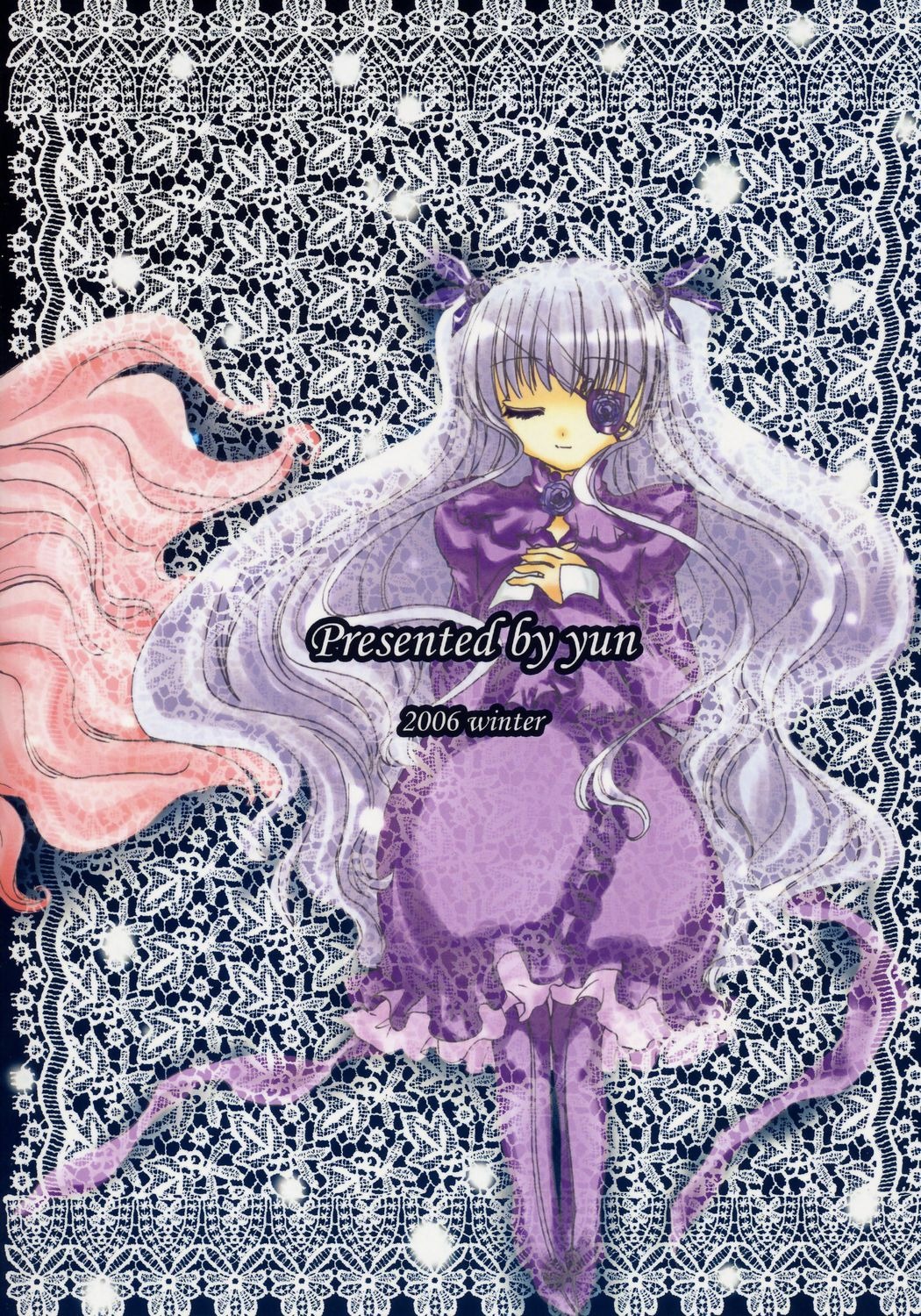 1girl barasuishou closed_eyes dress flower frills image long_hair long_sleeves purple_theme solo standing very_long_hair