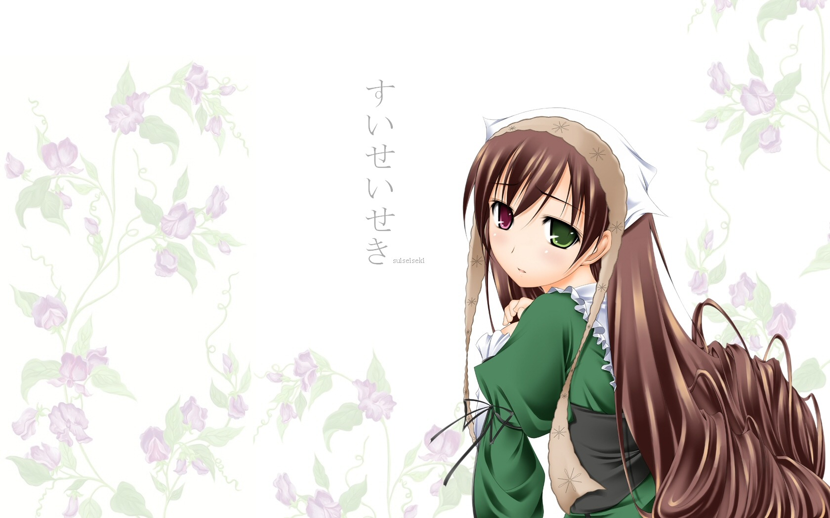 1girl brown_hair dress flower frills green_dress green_eyes head_scarf heterochromia image long_hair long_sleeves looking_at_viewer looking_back red_eyes solo suiseiseki very_long_hair watering_can