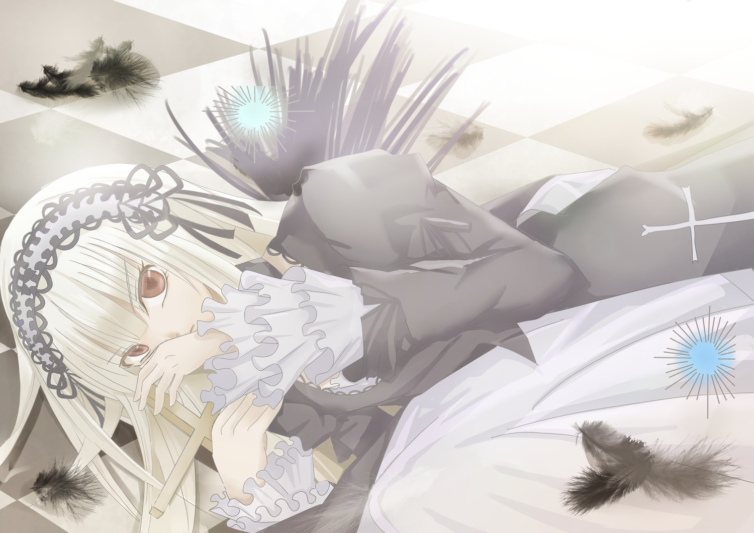 1girl bird black_feathers checkered checkered_background checkered_floor covering_mouth dress feathered_wings feathers frilled_sleeves frills hairband image long_hair long_sleeves looking_at_viewer red_eyes ribbon rose silver_hair solo suigintou wings