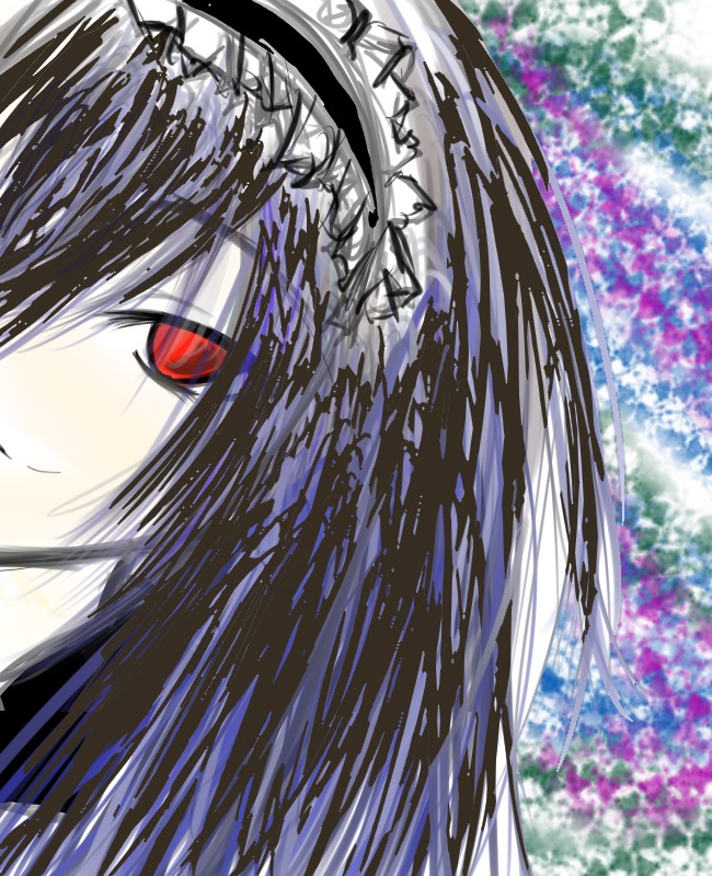 1girl bangs blush closed_mouth eyebrows_visible_through_hair flower hydrangea image looking_at_viewer portrait rain red_eyes solo suigintou wisteria