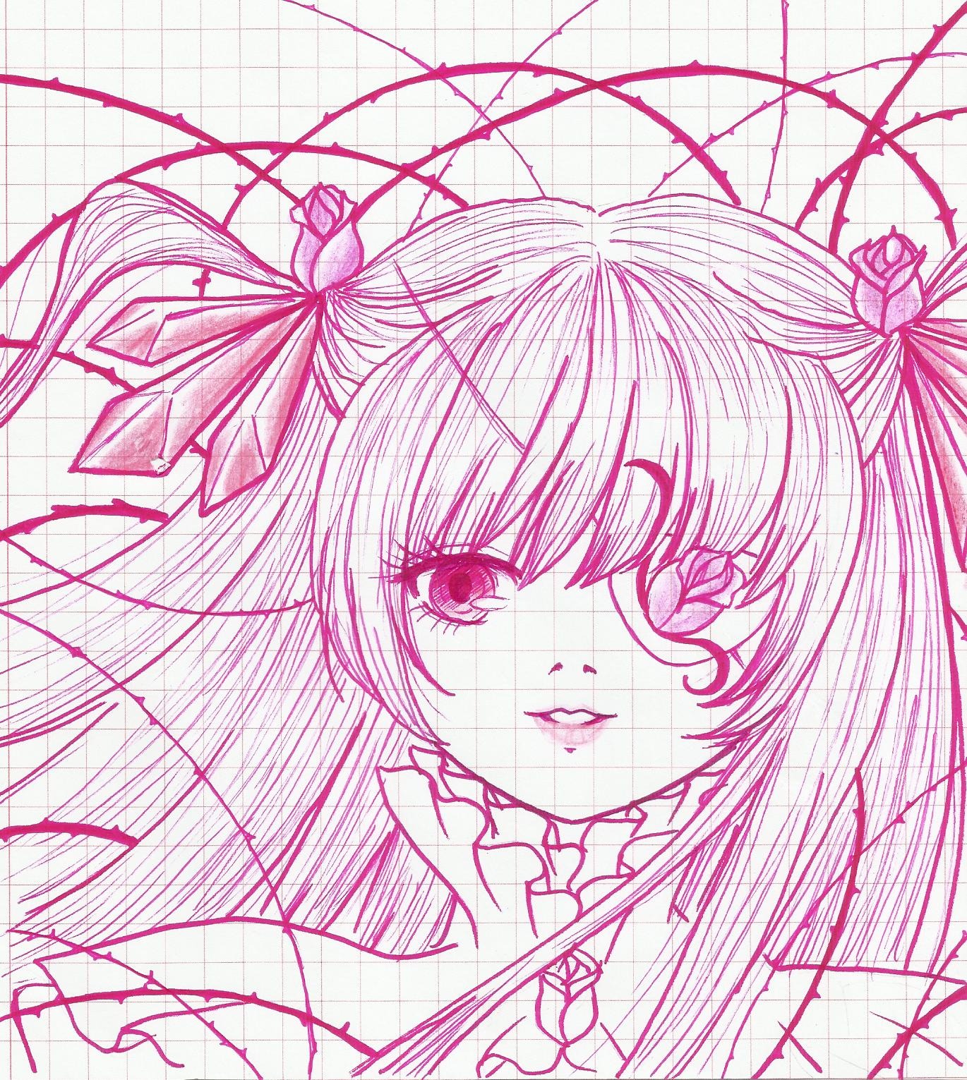 1girl barasuishou chain-link_fence fence frills hair_ribbon image long_hair looking_at_viewer monochrome ribbon silk solo two_side_up