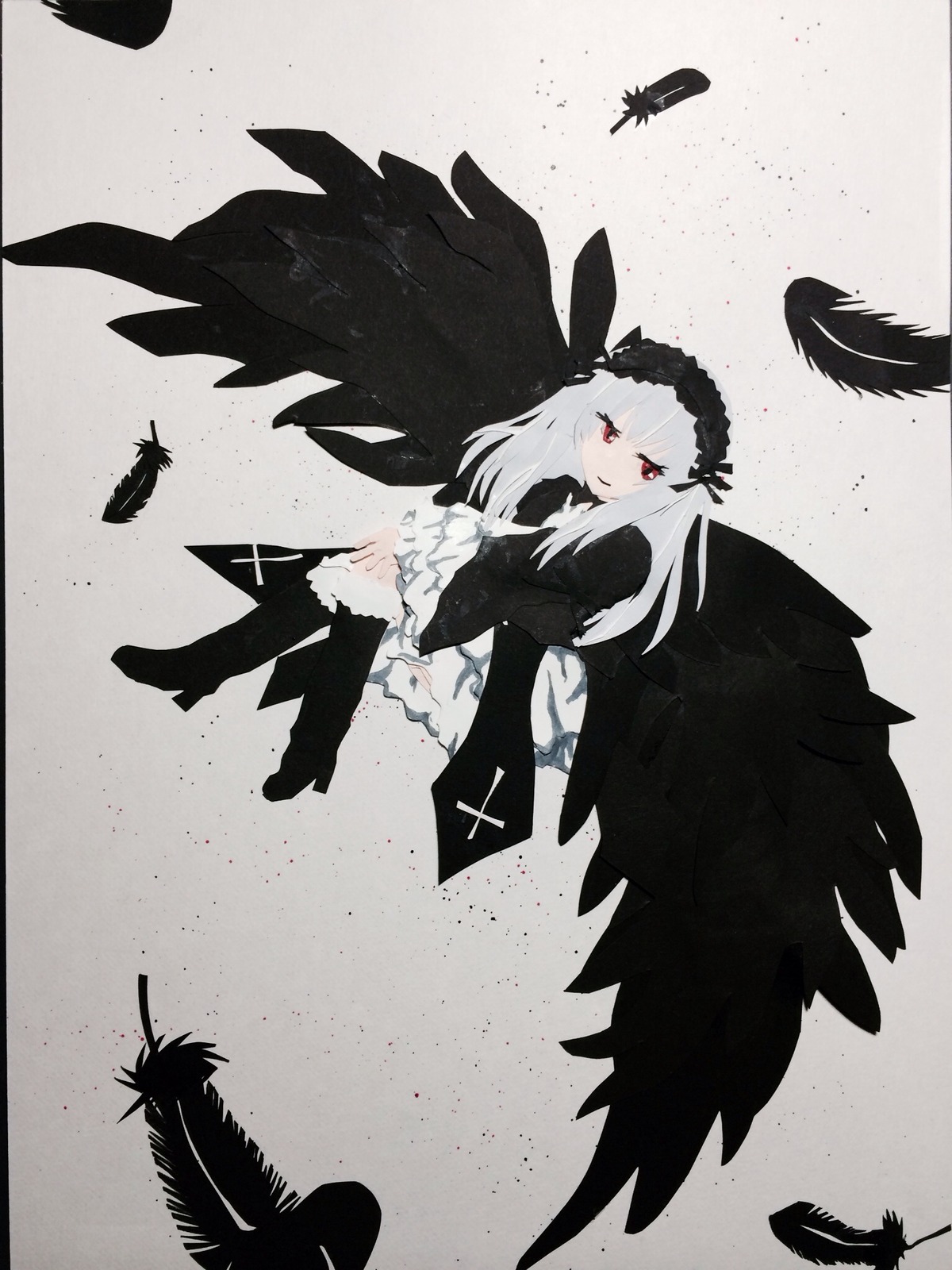 1girl bangs bird black_feathers black_footwear black_wings boots closed_mouth crow dress feathered_wings feathers hairband image lolita_hairband long_hair long_sleeves looking_at_viewer red_eyes solo suigintou wings