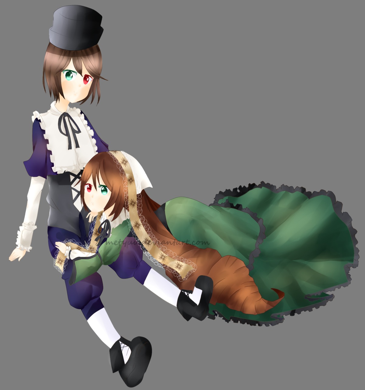 2girls auto_tagged blue_dress brown_hair dress frills full_body green_dress green_eyes hat heterochromia image long_sleeves multiple_girls pair red_eyes short_hair siblings sisters souseiseki suiseiseki twins