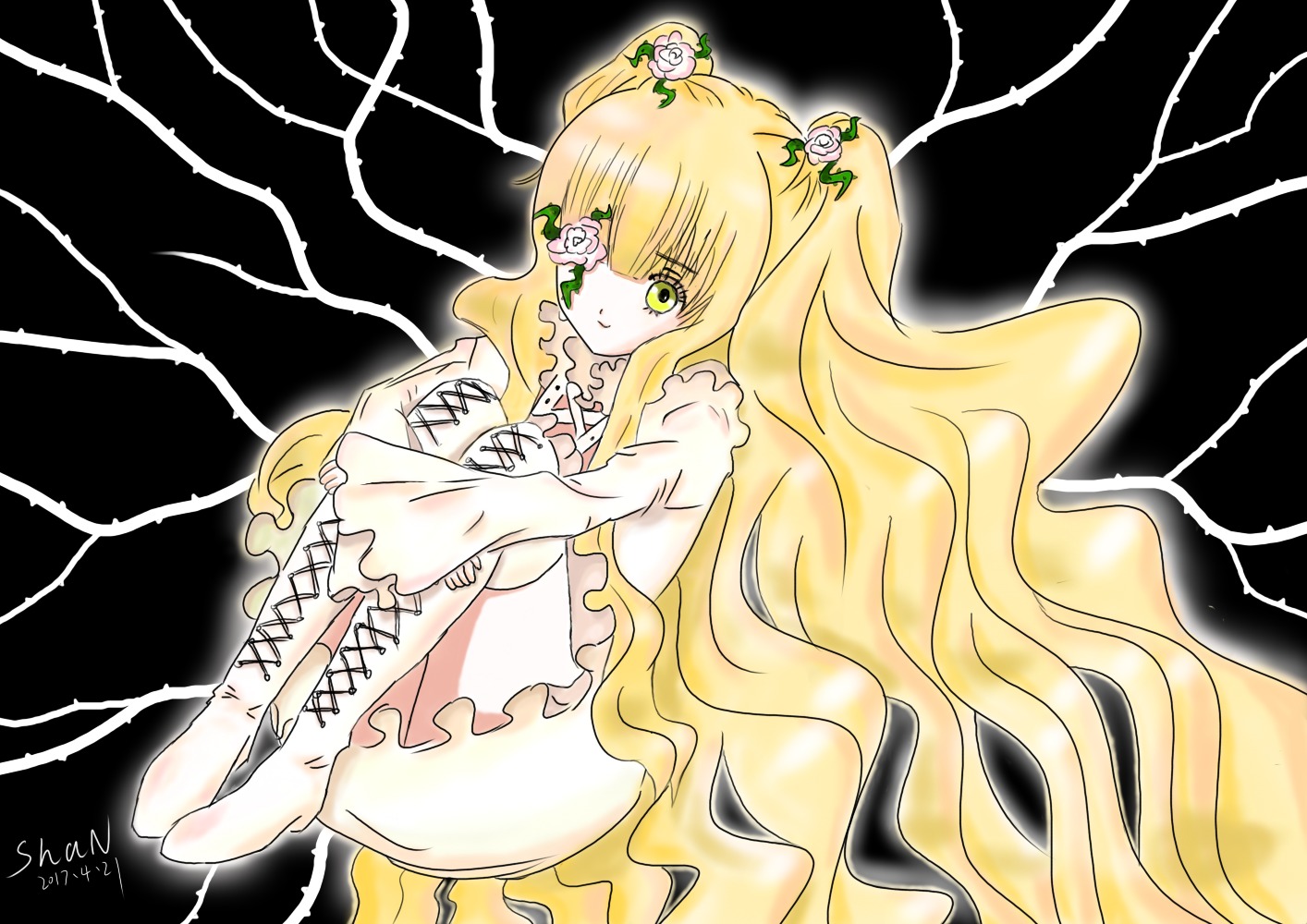 1girl blonde_hair boots cross-laced_footwear dress flower green_eyes hair_flower hair_ornament image kirakishou long_hair solo thorns very_long_hair