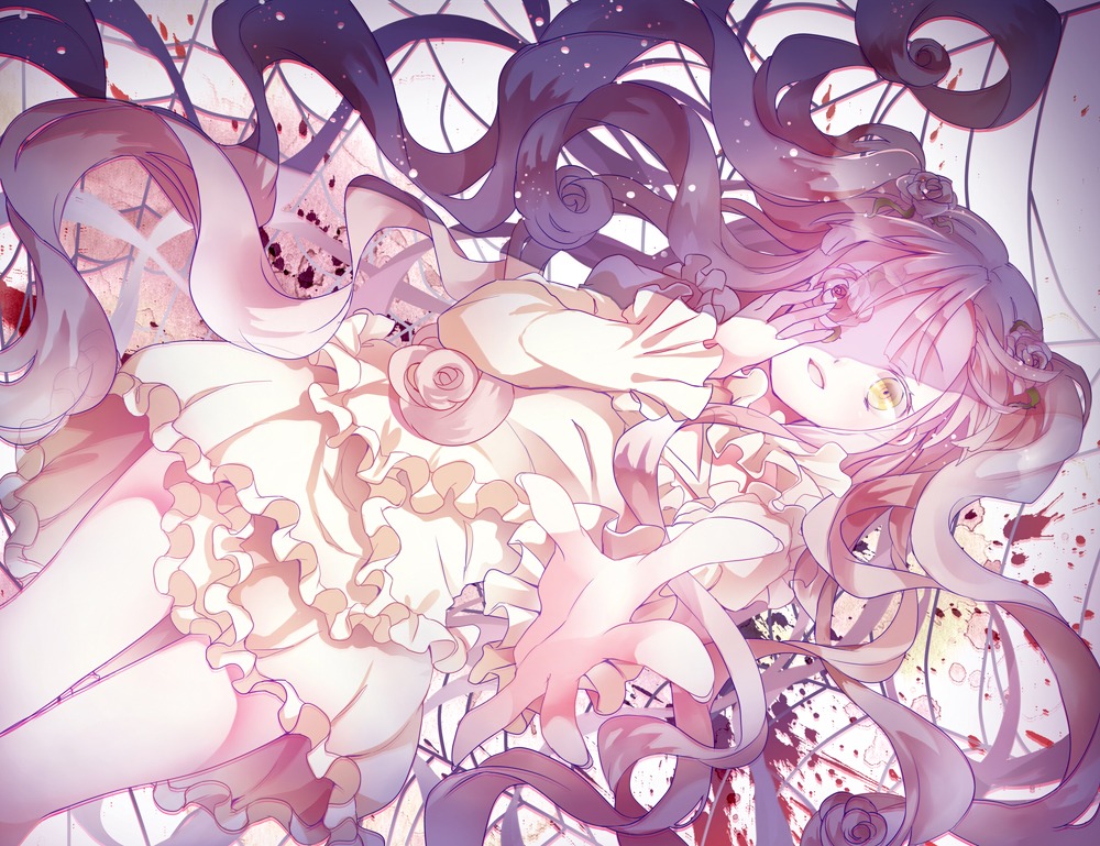 1girl dress eyepatch flower frills hair_flower hair_ornament image kirakishou lolita_fashion long_hair outstretched_hand pantyhose pink_hair rose solo thorns two_side_up vertical_stripes very_long_hair wavy_hair yellow_eyes
