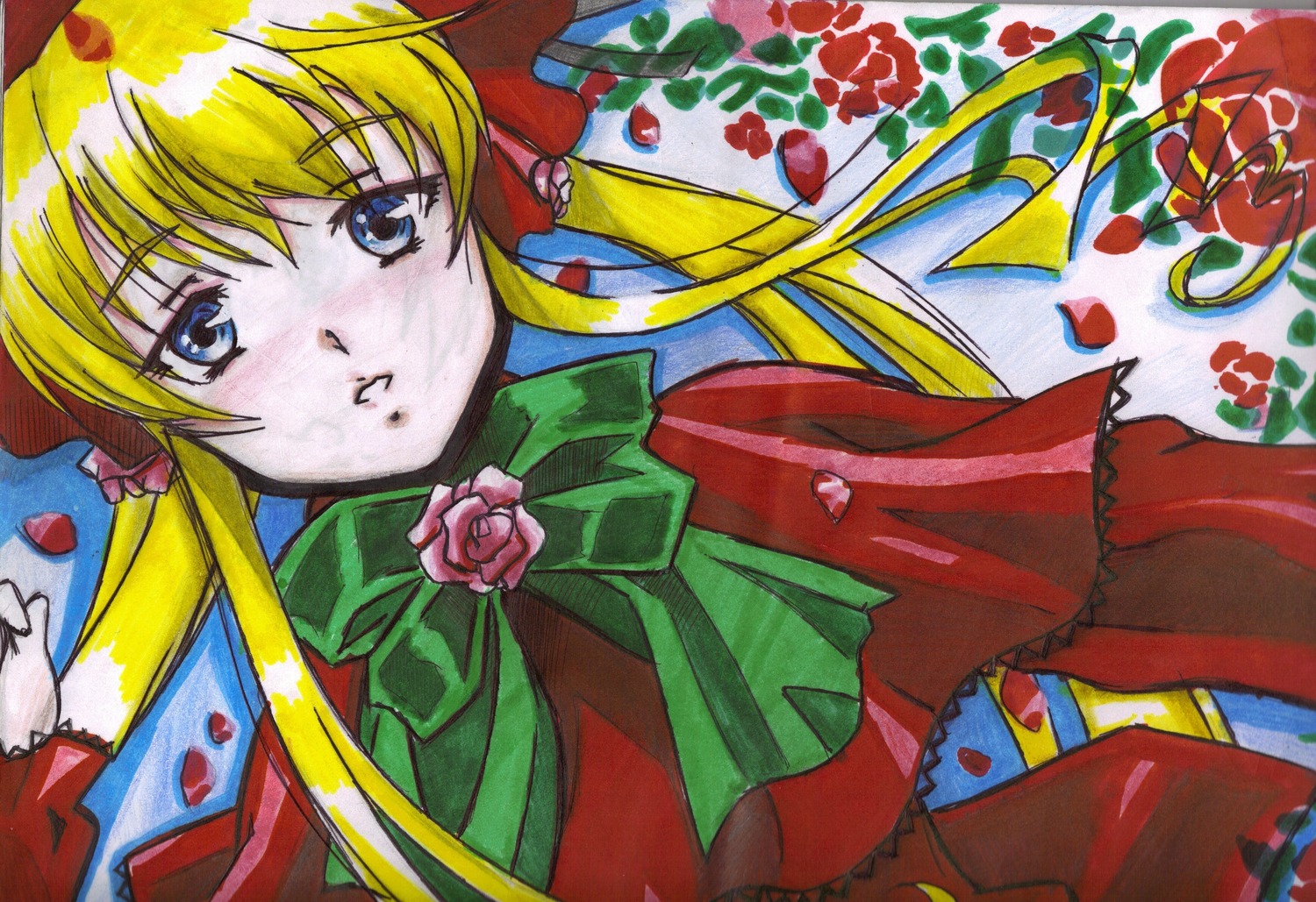 1girl auto_tagged blonde_hair blue_eyes bow bowtie capelet dress flower green_bow image long_hair looking_at_viewer marker_(medium) petals pink_rose rose rose_petals shinku solo upper_body