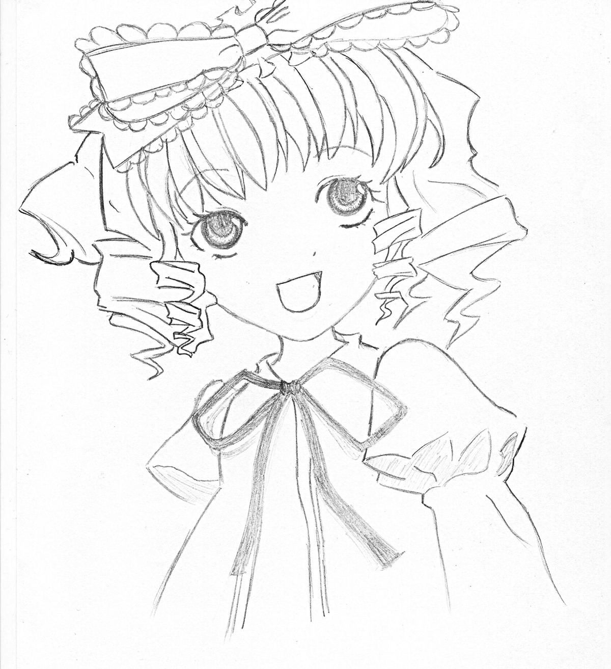 1girl :d blush dress drill_hair eyebrows_visible_through_hair greyscale hat hinaichigo image juliet_sleeves long_sleeves looking_at_viewer monochrome open_mouth ribbon simple_background smile solo traditional_media upper_body white_background