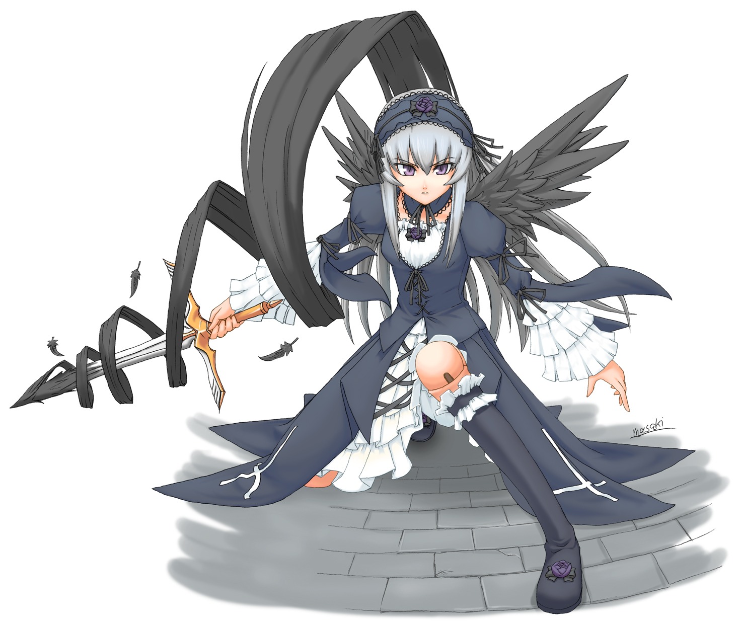 1girl black_wings dress feathers flower frills full_body hairband image long_hair long_sleeves looking_at_viewer silver_hair solo suigintou thighhighs wings