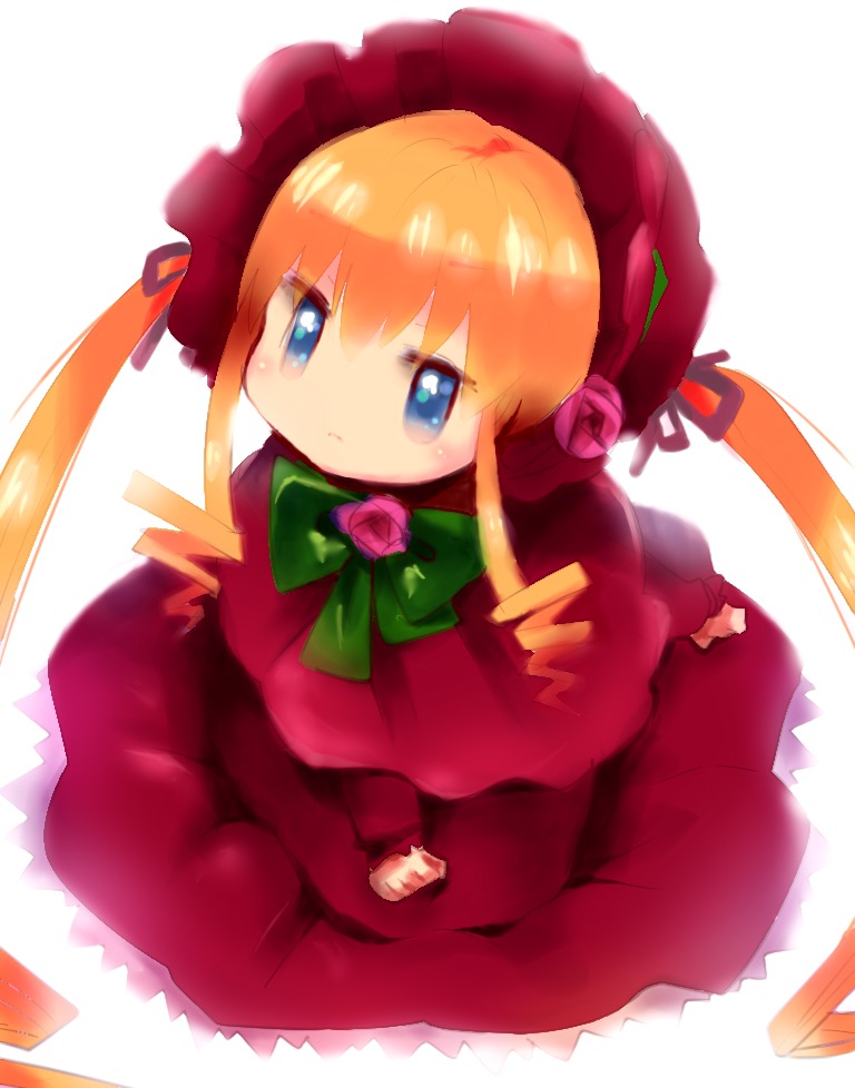 1girl blonde_hair blue_eyes bonnet bow bowtie dress flower green_bow hat image long_hair long_sleeves looking_at_viewer pink_flower pink_rose red_dress rose shinku simple_background solo twintails white_background